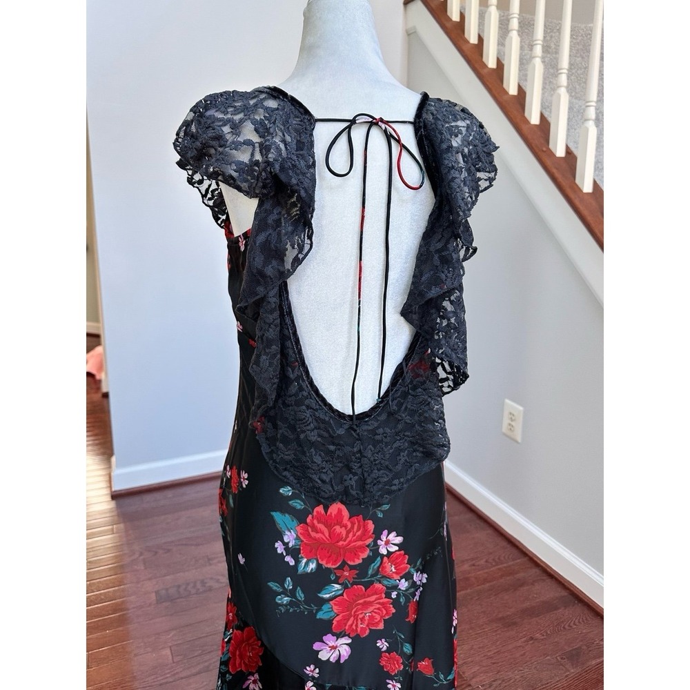 NWT Free People Warm Hearts Open Back Lace Trim Midi Dress‎ Black Floral Rose - Picture 7 of 12